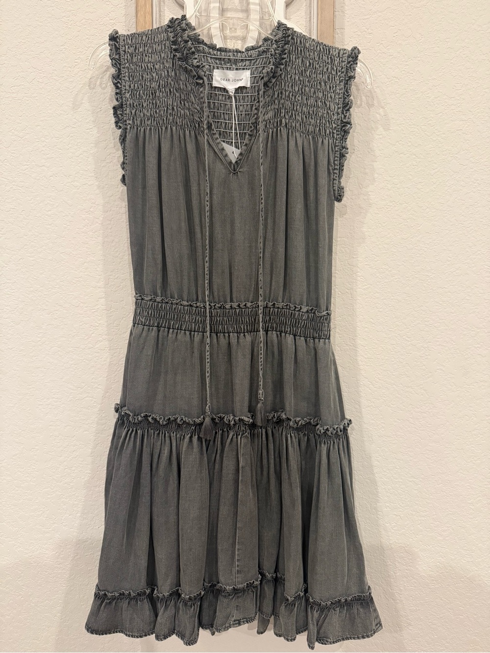 Dear John Gray Smocked Tiered Midi Dress with V-Neck Tie